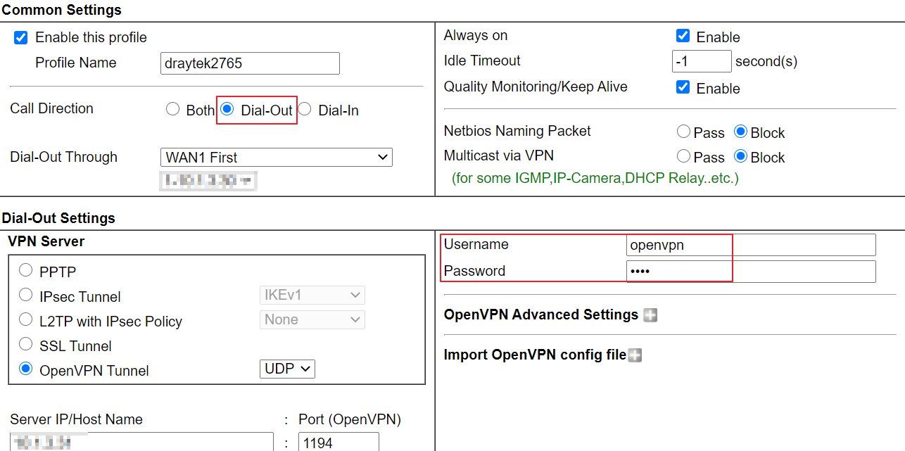 set up vpn dial up settings on the client router